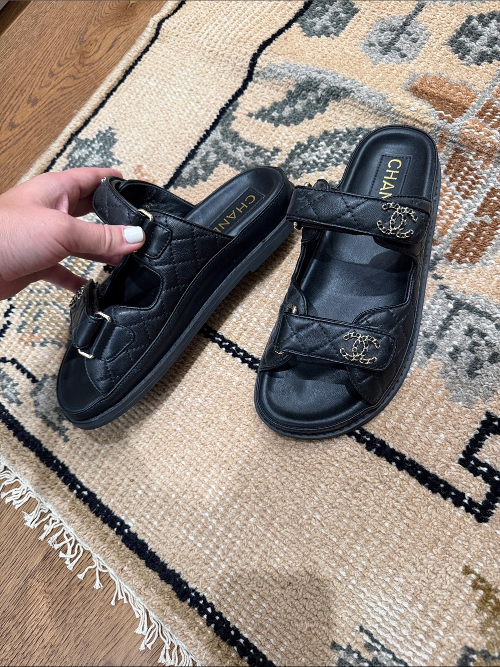CHANEL Black Quilted Double-Strap Logo Slide Sandals 38 - Picture 3 of 5